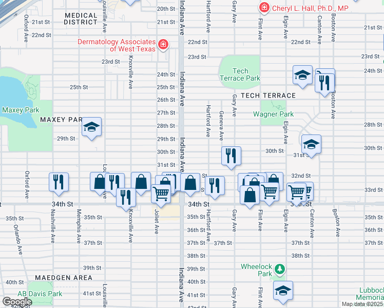 map of restaurants, bars, coffee shops, grocery stores, and more near 3318 30th Street in Lubbock