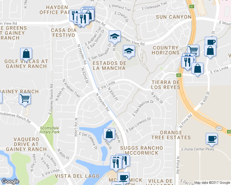 map of restaurants, bars, coffee shops, grocery stores, and more near 8417 East San Benito Drive in Scottsdale