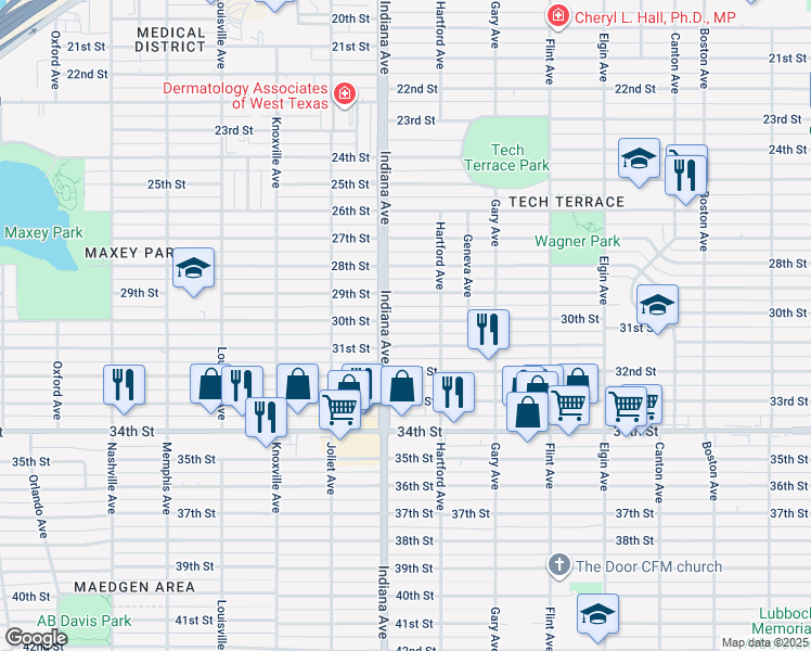 map of restaurants, bars, coffee shops, grocery stores, and more near 3318 30th Street in Lubbock