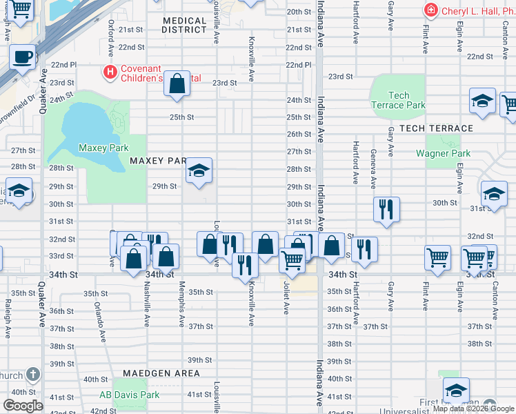 map of restaurants, bars, coffee shops, grocery stores, and more near 3520 30th Street in Lubbock