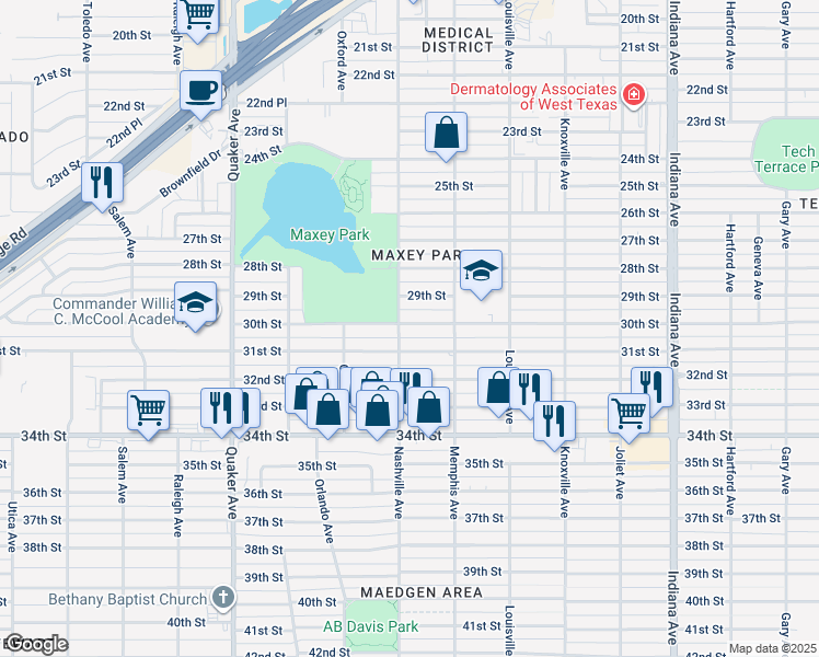 map of restaurants, bars, coffee shops, grocery stores, and more near 3816 30th Street in Lubbock