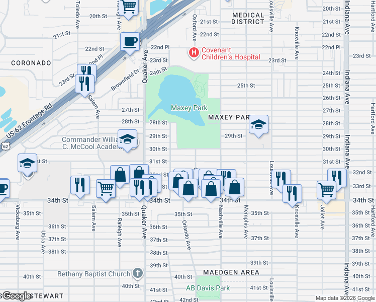 map of restaurants, bars, coffee shops, grocery stores, and more near 4101 30th Street in Lubbock