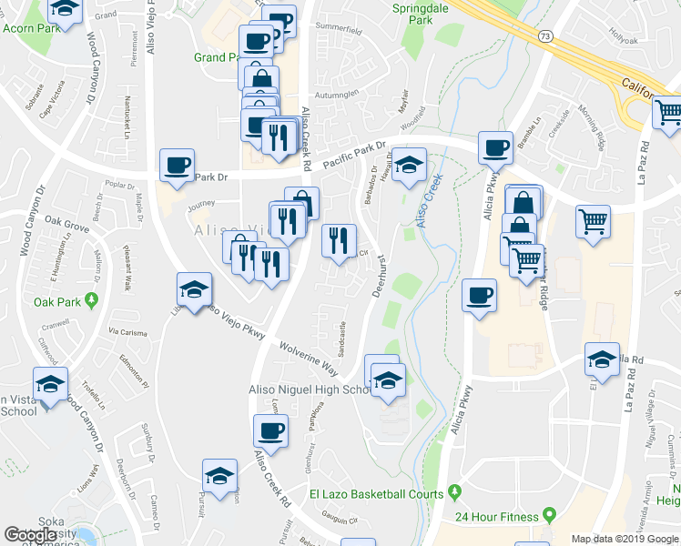 map of restaurants, bars, coffee shops, grocery stores, and more near 11 Windhaven Place in Aliso Viejo