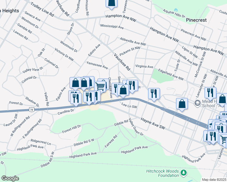 map of restaurants, bars, coffee shops, grocery stores, and more near 923 Seminole Avenue in Aiken