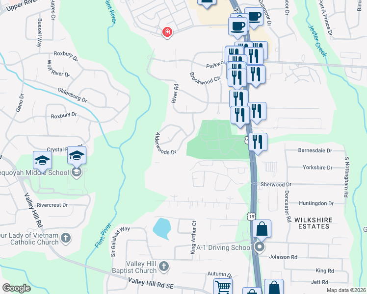 map of restaurants, bars, coffee shops, grocery stores, and more near 3869 Alderwoods Drive in Jonesboro