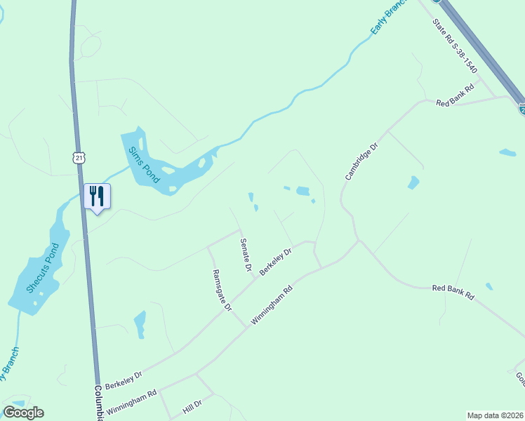 map of restaurants, bars, coffee shops, grocery stores, and more near 1111 Devonshire Drive in Orangeburg