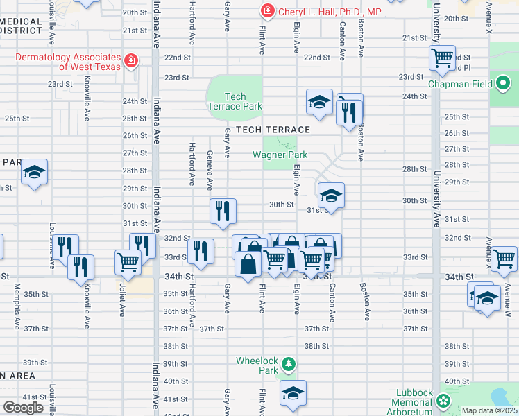 map of restaurants, bars, coffee shops, grocery stores, and more near 3101 30th Street in Lubbock