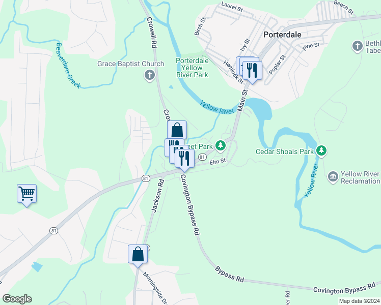 map of restaurants, bars, coffee shops, grocery stores, and more near 40 Michael Ryan Drive in Porterdale