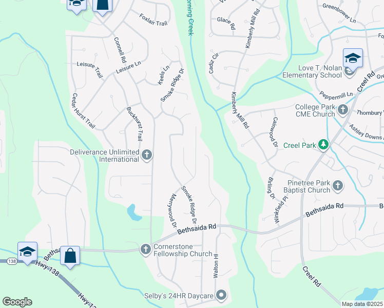 map of restaurants, bars, coffee shops, grocery stores, and more near 6833 Merrywood Drive in Fairburn