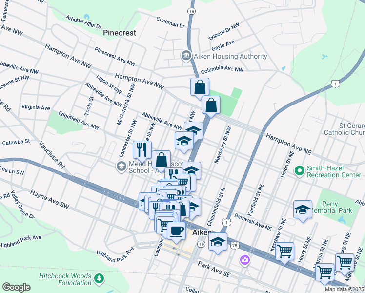 map of restaurants, bars, coffee shops, grocery stores, and more near 334 Pendleton Street Northwest in Aiken