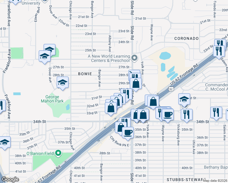 map of restaurants, bars, coffee shops, grocery stores, and more near 5311 30th Street in Lubbock