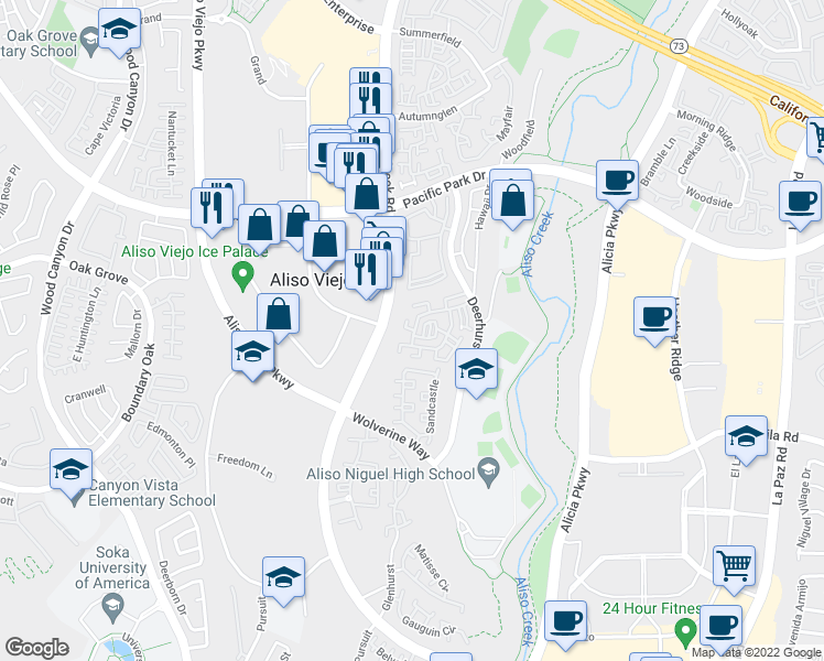 map of restaurants, bars, coffee shops, grocery stores, and more near 11 Windhaven Place in Aliso Viejo