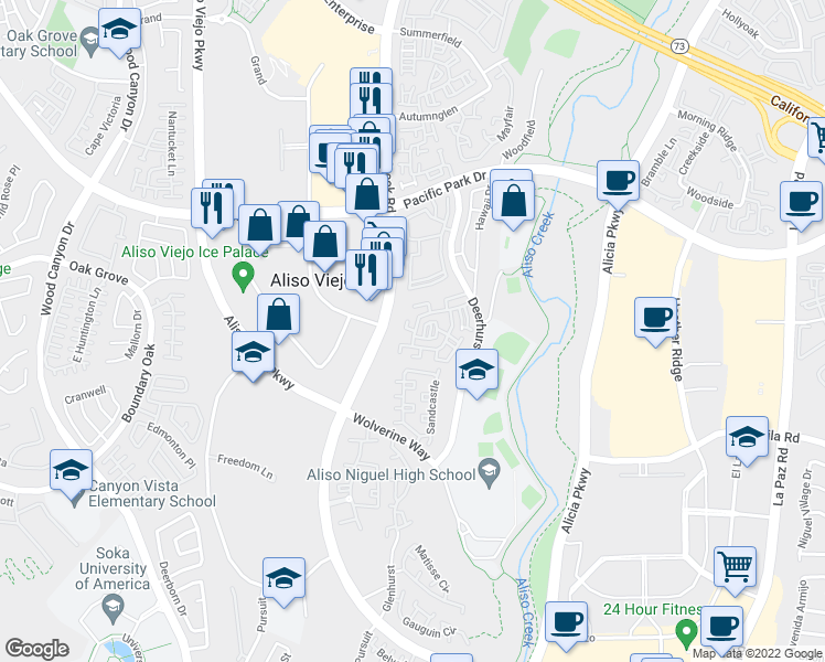 map of restaurants, bars, coffee shops, grocery stores, and more near 14 Windhaven Place in Aliso Viejo