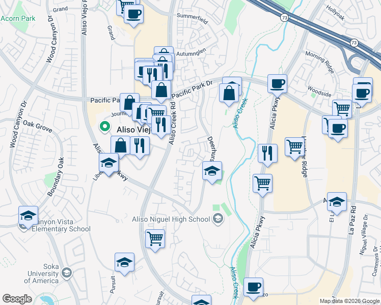 map of restaurants, bars, coffee shops, grocery stores, and more near 7 Landmark Place in Aliso Viejo