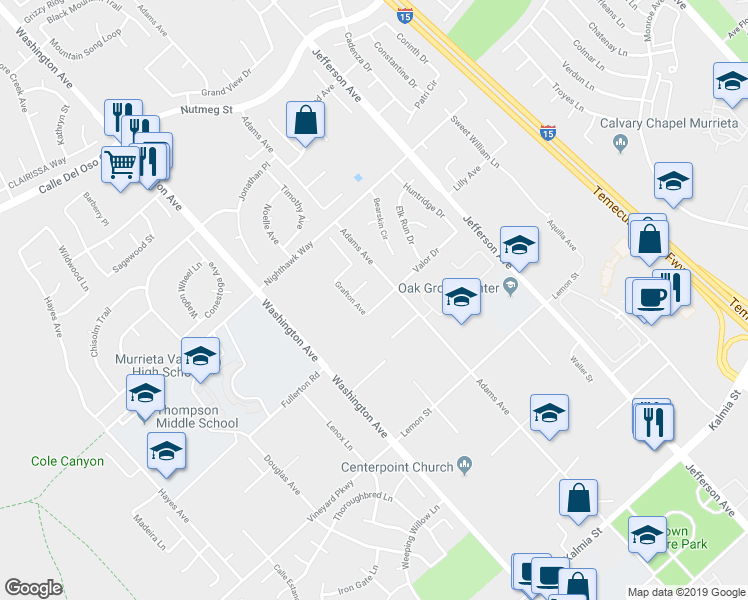 map of restaurants, bars, coffee shops, grocery stores, and more near 41779 Davidson Street in Murrieta