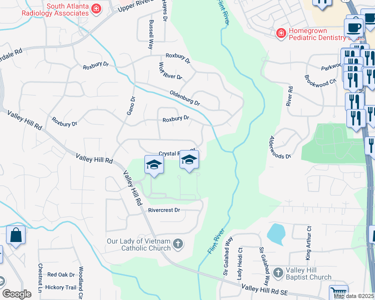 map of restaurants, bars, coffee shops, grocery stores, and more near 80 Crystal River Drive in Riverdale