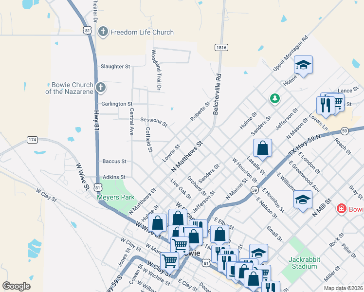 map of restaurants, bars, coffee shops, grocery stores, and more near 611 Cherry Street in Bowie