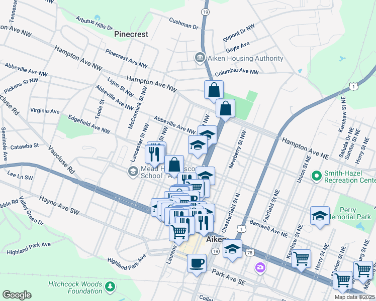 map of restaurants, bars, coffee shops, grocery stores, and more near 334 Pendleton Street Northwest in Aiken