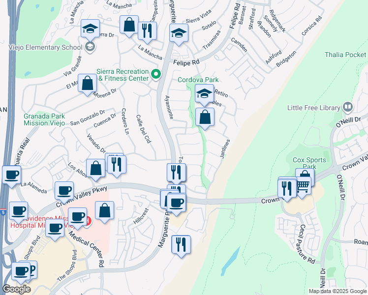 map of restaurants, bars, coffee shops, grocery stores, and more near 27112 Manzano in Mission Viejo
