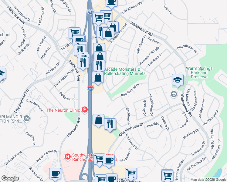 map of restaurants, bars, coffee shops, grocery stores, and more near 39878 Avenida Miguel Oeste in Murrieta