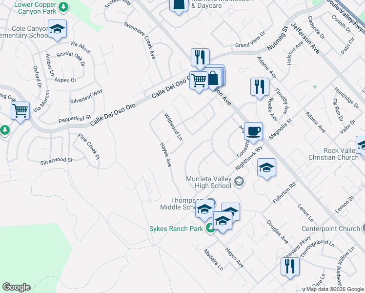 map of restaurants, bars, coffee shops, grocery stores, and more near 42352 Wildwood Lane in Murrieta