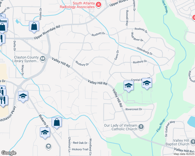 map of restaurants, bars, coffee shops, grocery stores, and more near 6875 Mountain Circle in Riverdale