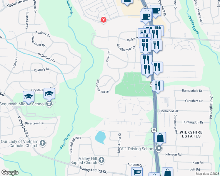 map of restaurants, bars, coffee shops, grocery stores, and more near 3869 Alderwoods Drive in Jonesboro