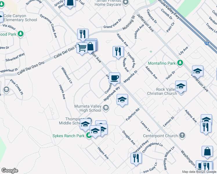 map of restaurants, bars, coffee shops, grocery stores, and more near 23911 Susan Way in Murrieta