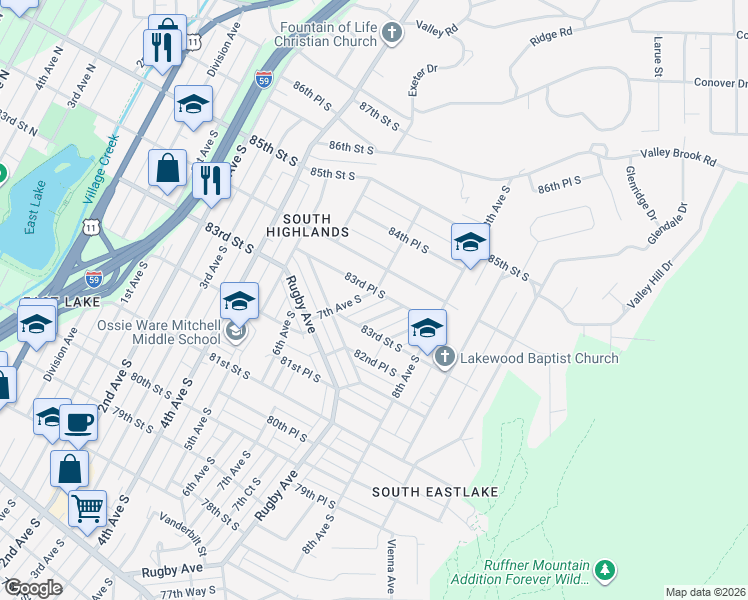 map of restaurants, bars, coffee shops, grocery stores, and more near 8337 7th Avenue South in Birmingham