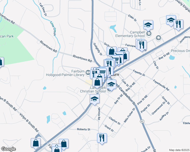 map of restaurants, bars, coffee shops, grocery stores, and more near 53 Washington Street in Fairburn