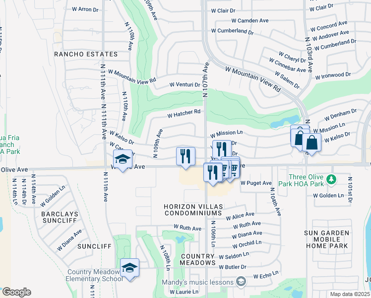 map of restaurants, bars, coffee shops, grocery stores, and more near 10737 West Kelso Drive in Sun City