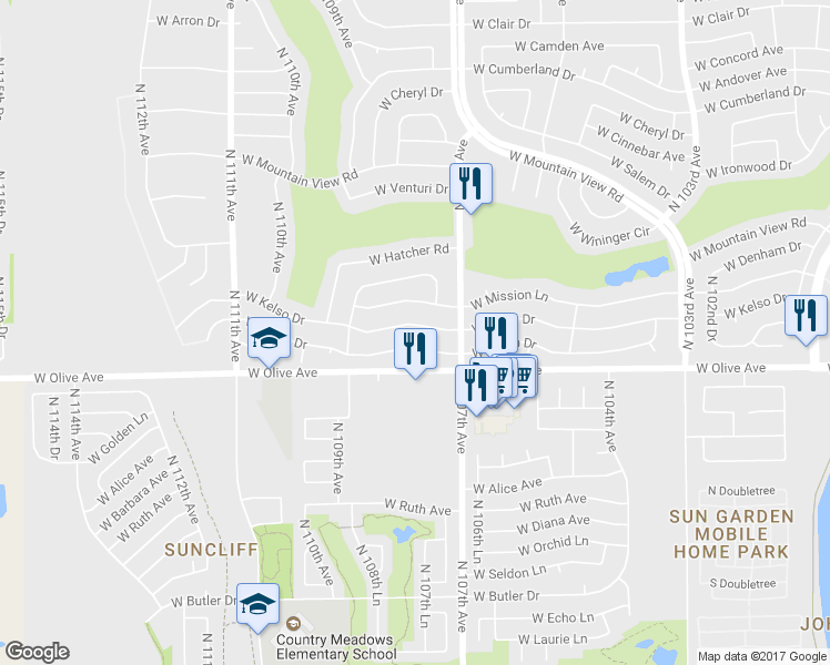 map of restaurants, bars, coffee shops, grocery stores, and more near 10737 West Kelso Drive in Sun City