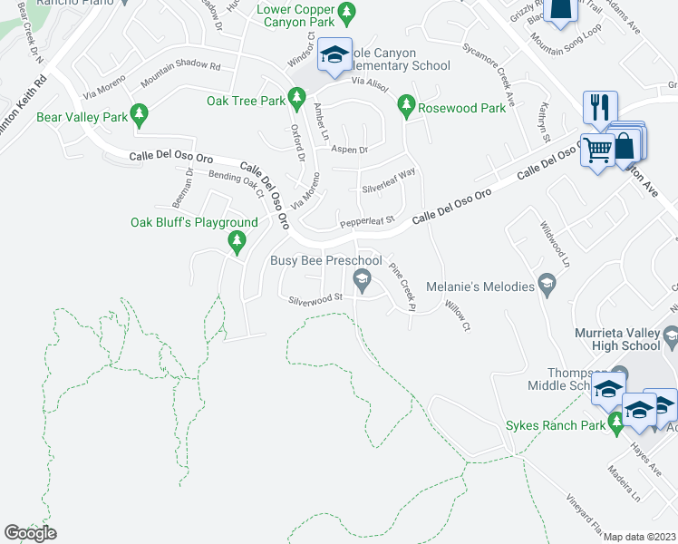 map of restaurants, bars, coffee shops, grocery stores, and more near 38189 Sherwood Street in Murrieta