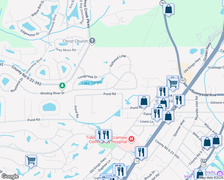 map of restaurants, bars, coffee shops, grocery stores, and more near 172 Winding River Drive in Murrells Inlet