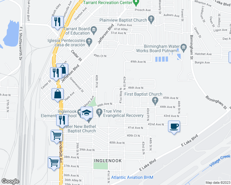 map of restaurants, bars, coffee shops, grocery stores, and more near 4435 41st Place North in Birmingham