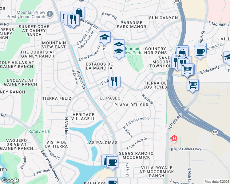 map of restaurants, bars, coffee shops, grocery stores, and more near 8493 East San Benito Drive in Scottsdale