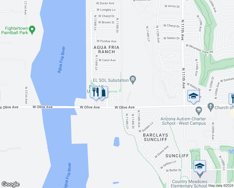 map of restaurants, bars, coffee shops, grocery stores, and more near 11526 West Beck Drive in Youngtown