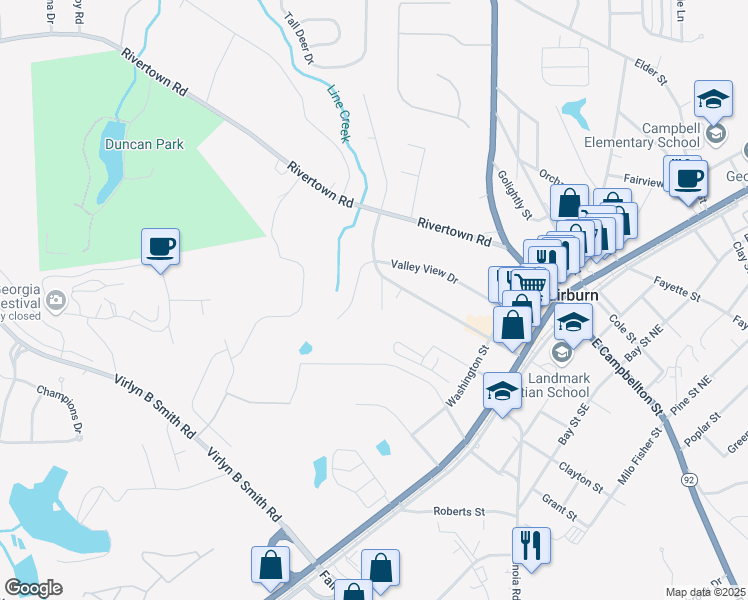 map of restaurants, bars, coffee shops, grocery stores, and more near 111 Southwest Malone Street in Fairburn