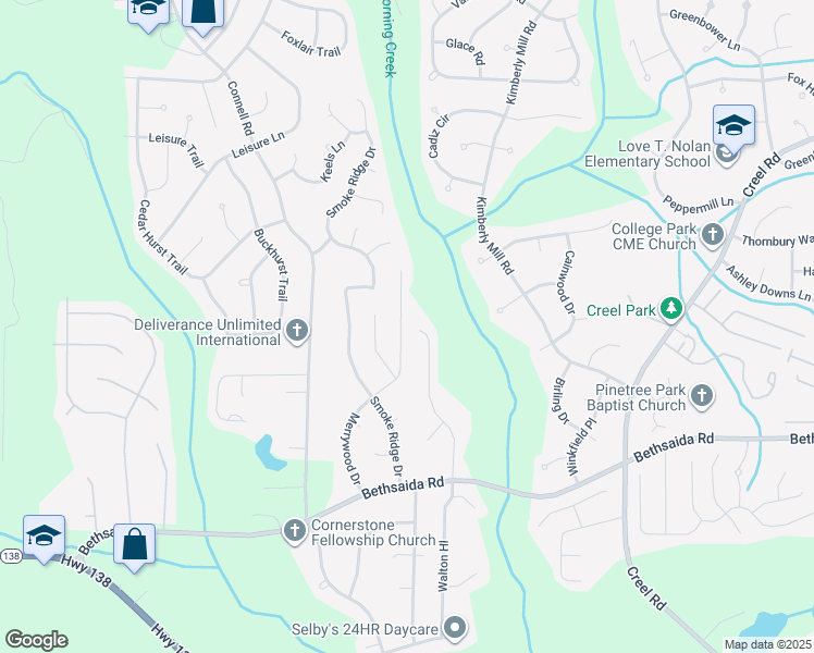 map of restaurants, bars, coffee shops, grocery stores, and more near 6833 Merrywood Drive in Fairburn