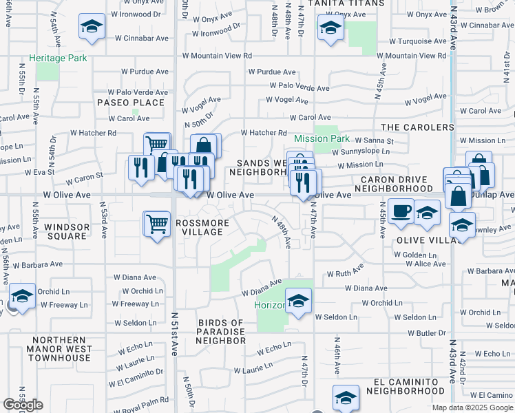 map of restaurants, bars, coffee shops, grocery stores, and more near 4837 West New World Drive in Glendale