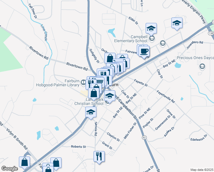 map of restaurants, bars, coffee shops, grocery stores, and more near 0 Roosevelt Highway in Fairburn