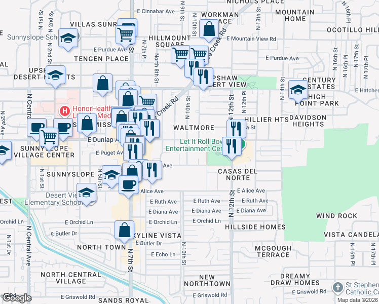 map of restaurants, bars, coffee shops, grocery stores, and more near 8925 North 10th Street in Phoenix