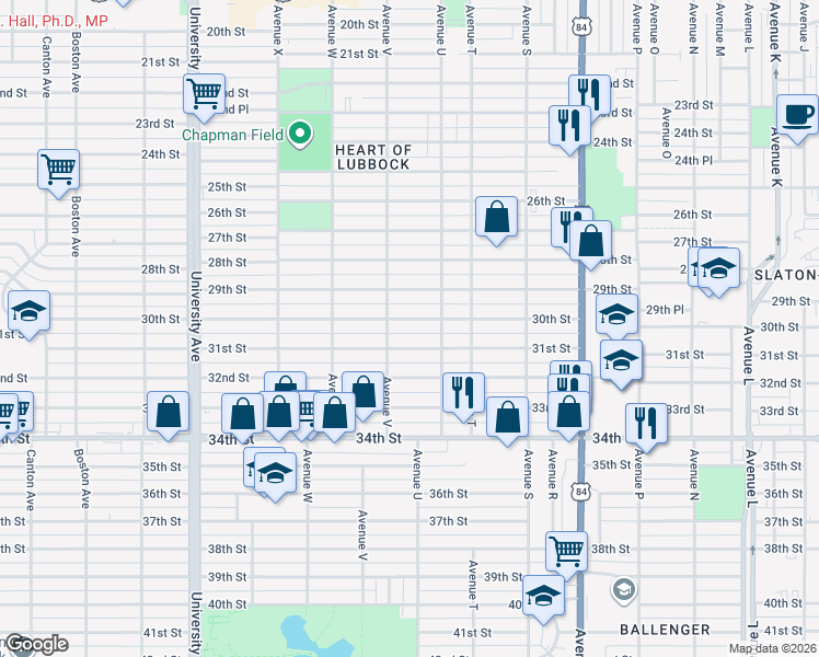 map of restaurants, bars, coffee shops, grocery stores, and more near 2113 30th Street in Lubbock