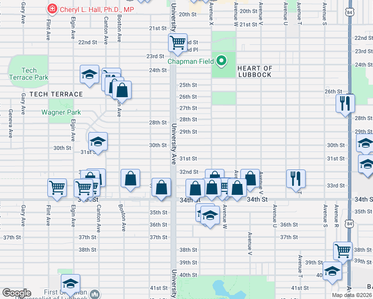 map of restaurants, bars, coffee shops, grocery stores, and more near 2423 30th Street in Lubbock