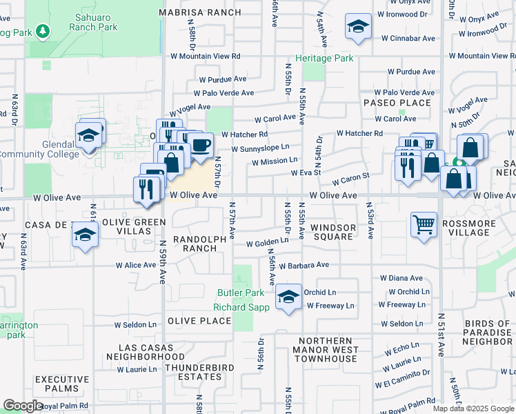 map of restaurants, bars, coffee shops, grocery stores, and more near 8926 North 56th Drive in Glendale