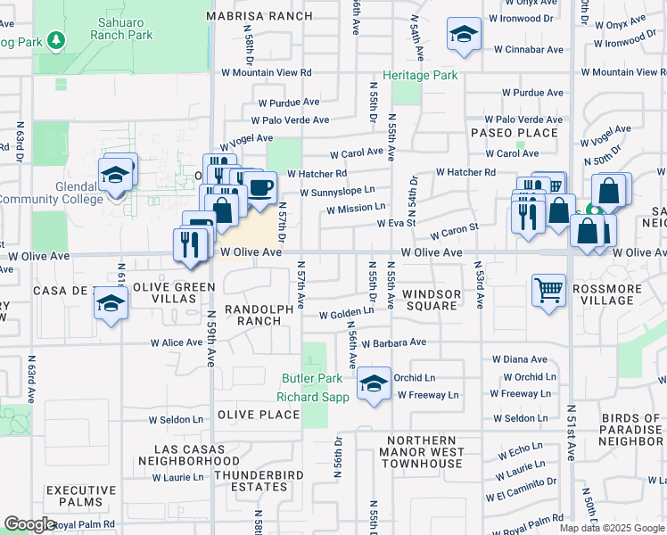 map of restaurants, bars, coffee shops, grocery stores, and more near 8926 North 56th Drive in Glendale