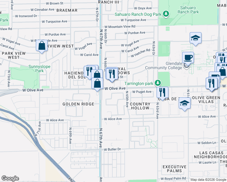 map of restaurants, bars, coffee shops, grocery stores, and more near 6596 West Puget Avenue in Glendale