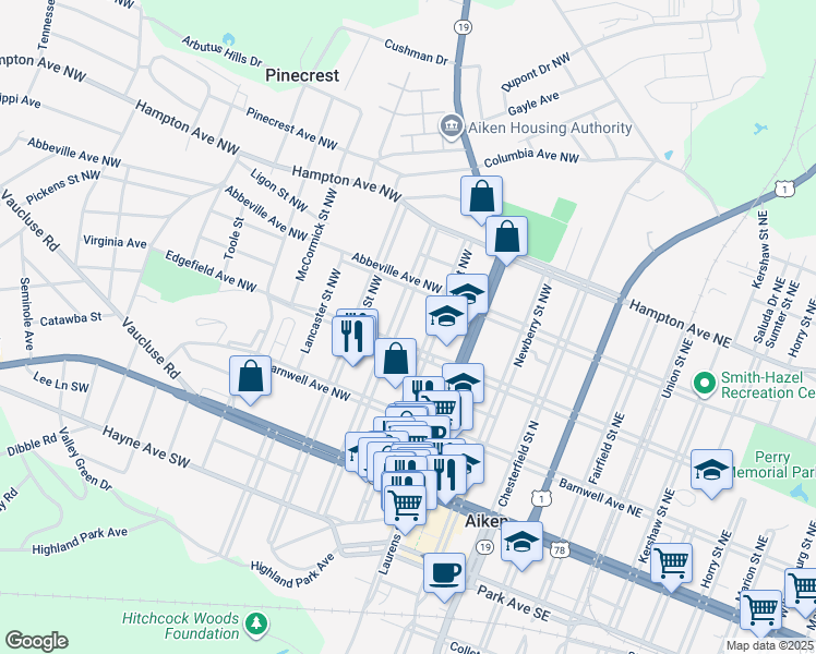 map of restaurants, bars, coffee shops, grocery stores, and more near 312 Greenville Street Northwest in Aiken