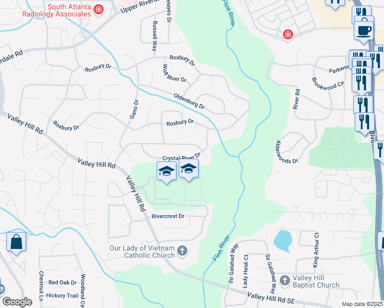 map of restaurants, bars, coffee shops, grocery stores, and more near 80 Crystal River Drive in Riverdale