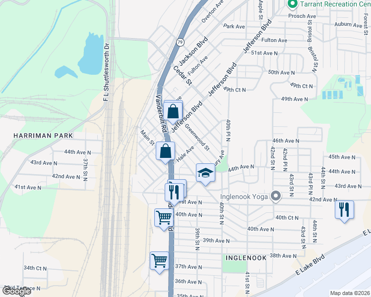 map of restaurants, bars, coffee shops, grocery stores, and more near 4315 Inglenook Street in Birmingham